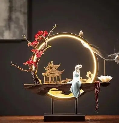 Chinese Flower Incense Holder with LED Light - Handmade Censer Burner Home Decor - ZOOMNSTORE