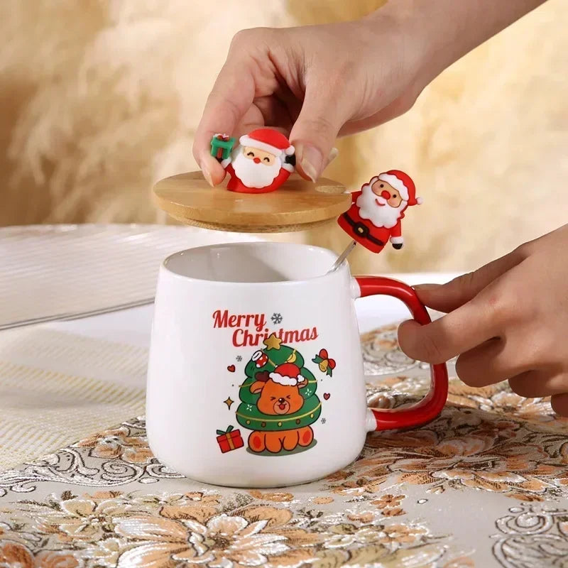 Christmas Ceramic Mug Set - Festive Tea Cup With Lid & Spoon | Holiday Coffee Mugs - ZOOMNSTORE
