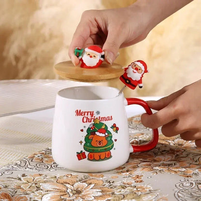 Christmas Ceramic Mug Set - Festive Tea Cup With Lid & Spoon | Holiday Coffee Mugs - ZOOMNSTORE