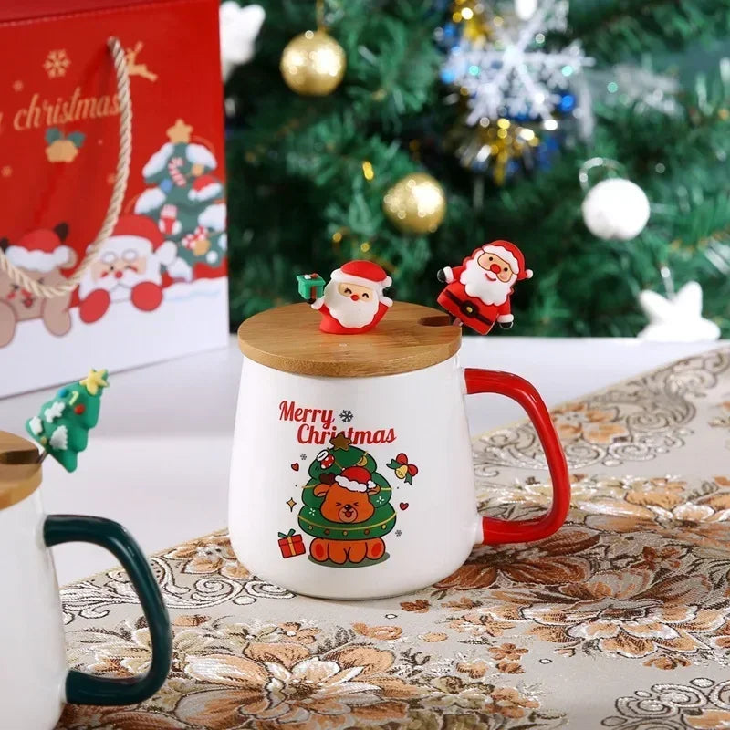 Christmas Ceramic Mug Set - Festive Tea Cup With Lid & Spoon | Holiday Coffee Mugs - ZOOMNSTORE