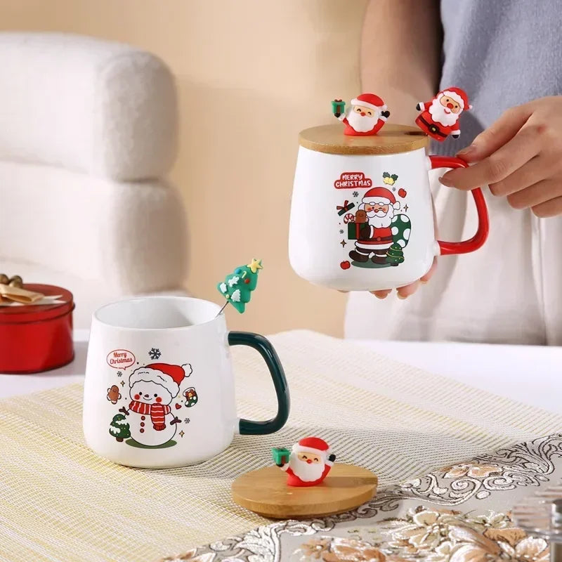 Christmas Ceramic Mug Set - Festive Tea Cup With Lid & Spoon | Holiday Coffee Mugs - ZOOMNSTORE