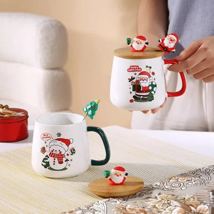 Christmas Ceramic Mug Set - Festive Tea Cup With Lid & Spoon | Holiday Coffee Mugs - ZOOMNSTORE