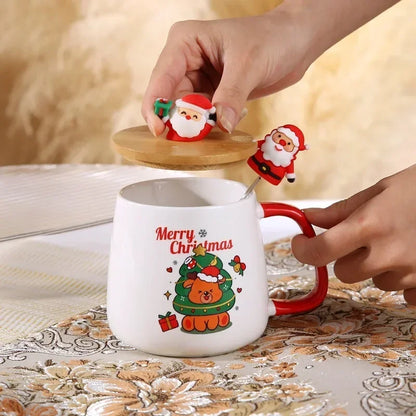 Christmas Ceramic Mug Set - Festive Tea Cup With Lid & Spoon | Holiday Coffee Mugs - ZOOMNSTORE