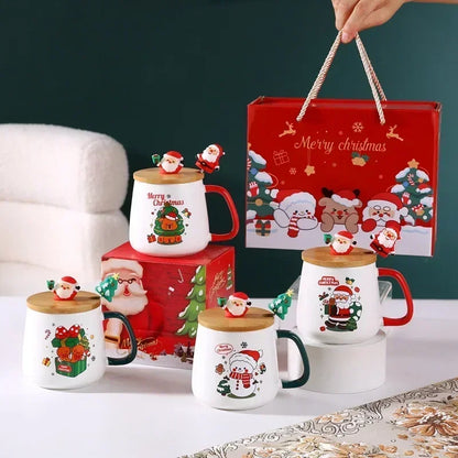 Christmas Ceramic Mug Set - Festive Tea Cup With Lid & Spoon | Holiday Coffee Mugs - ZOOMNSTORE