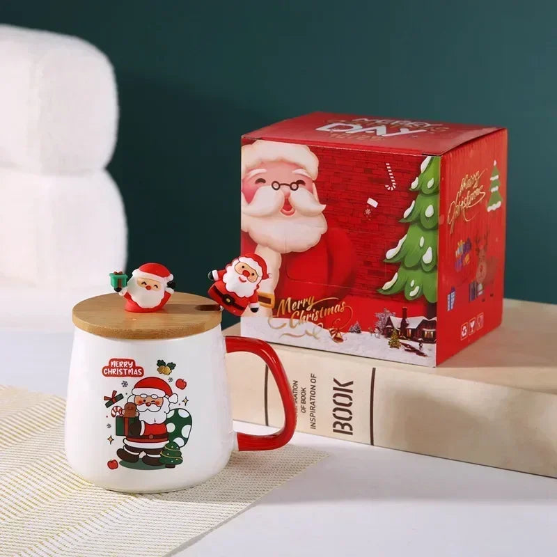 Christmas Ceramic Mug Set - Festive Tea Cup With Lid & Spoon | Holiday Coffee Mugs - ZOOMNSTORE