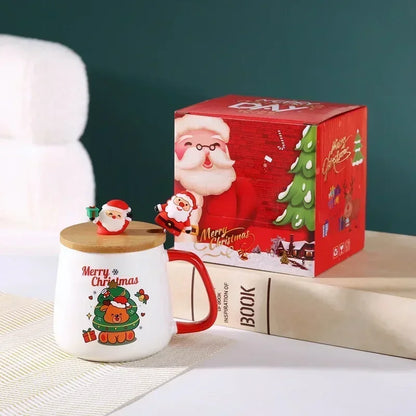 Christmas Ceramic Mug Set - Festive Tea Cup With Lid & Spoon | Holiday Coffee Mugs - ZOOMNSTORE