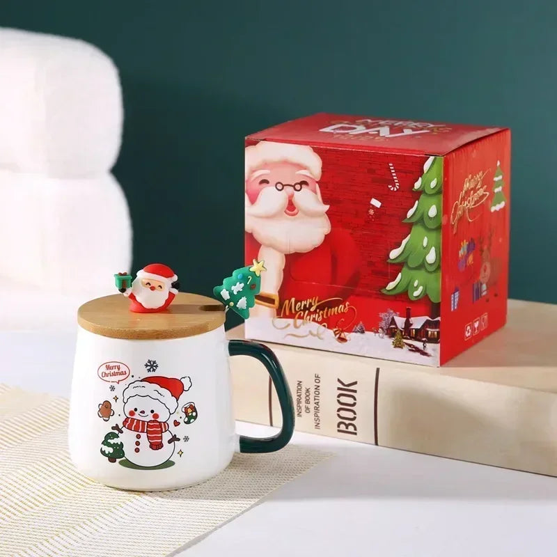 Christmas Ceramic Mug Set - Festive Tea Cup With Lid & Spoon | Holiday Coffee Mugs - ZOOMNSTORE