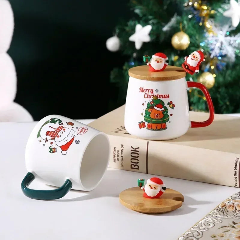 Christmas Ceramic Mug Set - Festive Tea Cup With Lid & Spoon | Holiday Coffee Mugs - ZOOMNSTORE