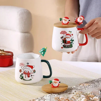 Christmas Ceramic Mug Set - Festive Tea Cup With Lid & Spoon | Holiday Coffee Mugs - ZOOMNSTORE