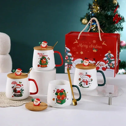 Christmas Ceramic Mug Set - Festive Tea Cup With Lid & Spoon | Holiday Coffee Mugs - ZOOMNSTORE