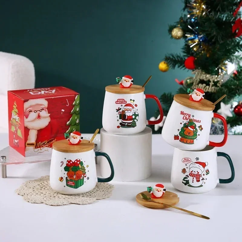Christmas Ceramic Mug Set - Festive Tea Cup With Lid & Spoon | Holiday Coffee Mugs - ZOOMNSTORE