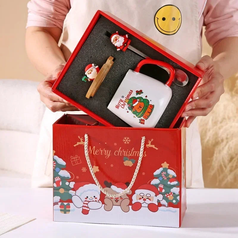 Christmas Ceramic Mug Set - Festive Tea Cup With Lid & Spoon | Holiday Coffee Mugs - ZOOMNSTORE