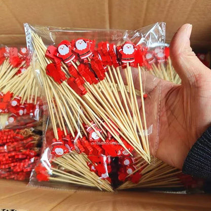 Christmas Fruit Sticks - Disposable Bamboo Ornaments with Snowflake Elk Santa and Snowman Designs - ZOOMNSTORE