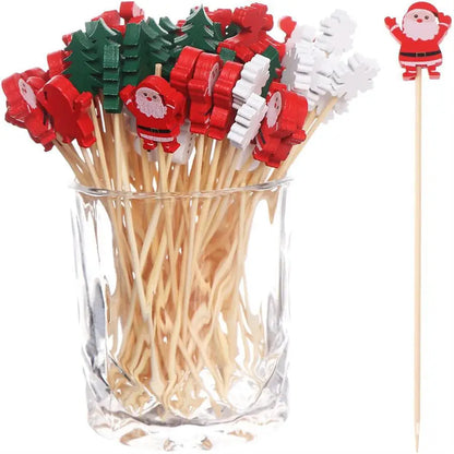 Christmas Fruit Sticks - Disposable Bamboo Ornaments with Snowflake Elk Santa and Snowman Designs - ZOOMNSTORE