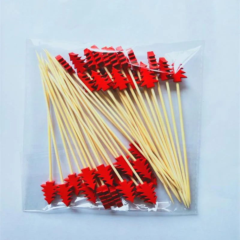 Christmas Fruit Sticks - Disposable Bamboo Ornaments with Snowflake Elk Santa and Snowman Designs - ZOOMNSTORE