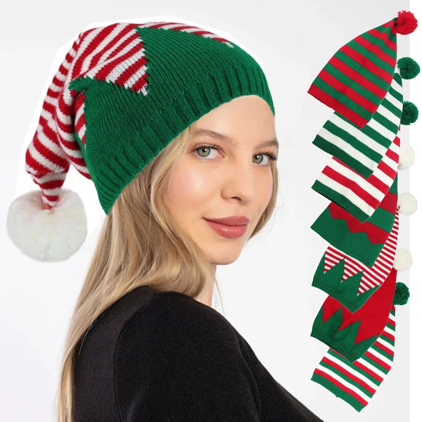 Christmas Elf Santa Beanie - Knitted Red Green Striped Hat - ZOOMNSTORE