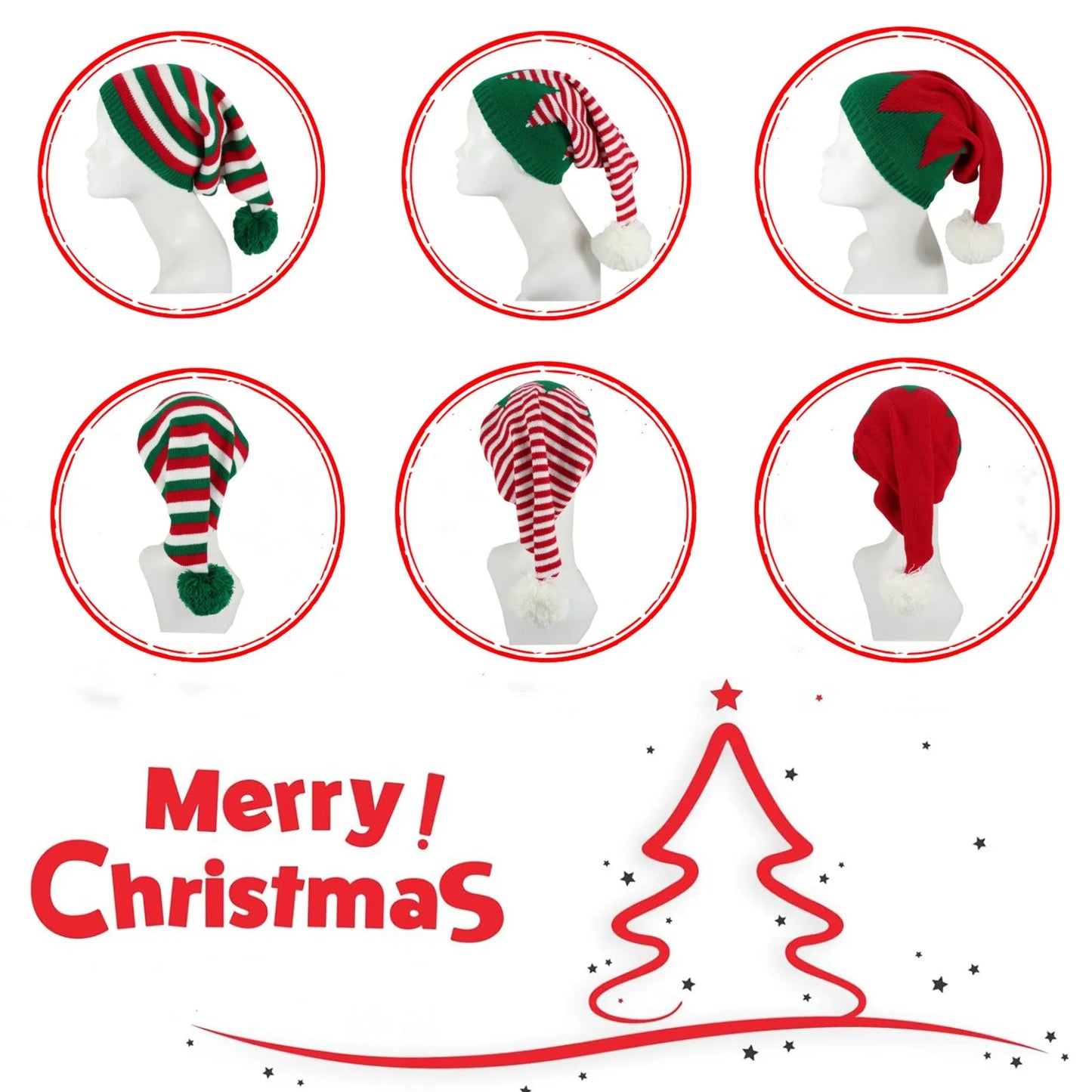 Christmas Elf Santa Beanie - Knitted Red Green Striped Hat - ZOOMNSTORE