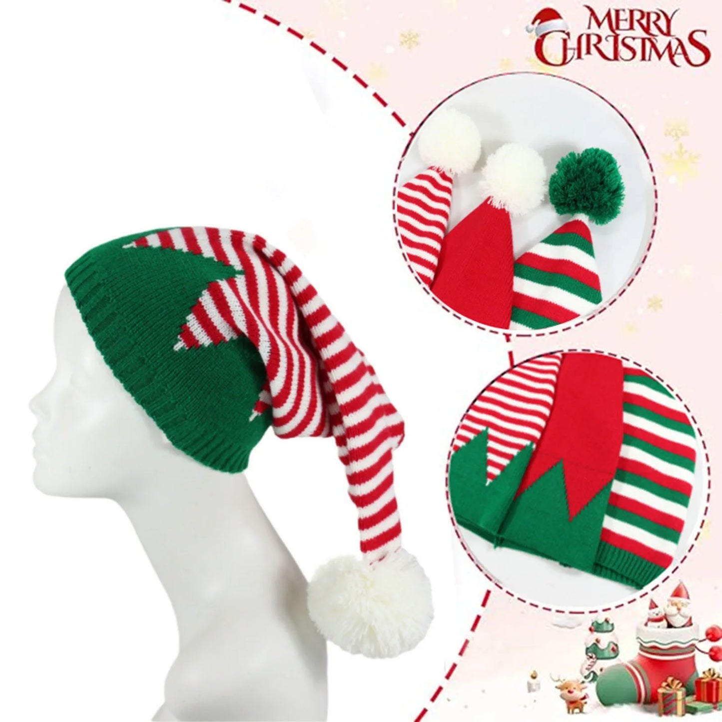 Christmas Elf Santa Beanie - Knitted Red Green Striped Hat - ZOOMNSTORE