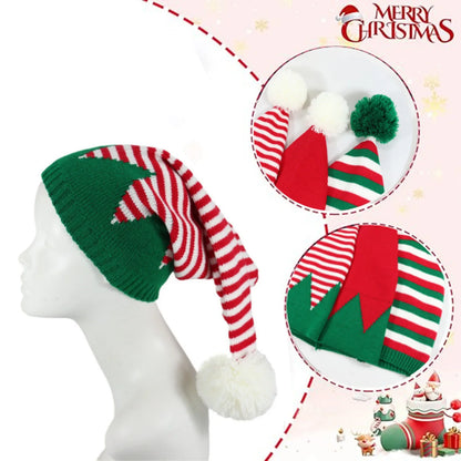 Christmas Elf Santa Beanie - Knitted Red Green Striped Hat - ZOOMNSTORE