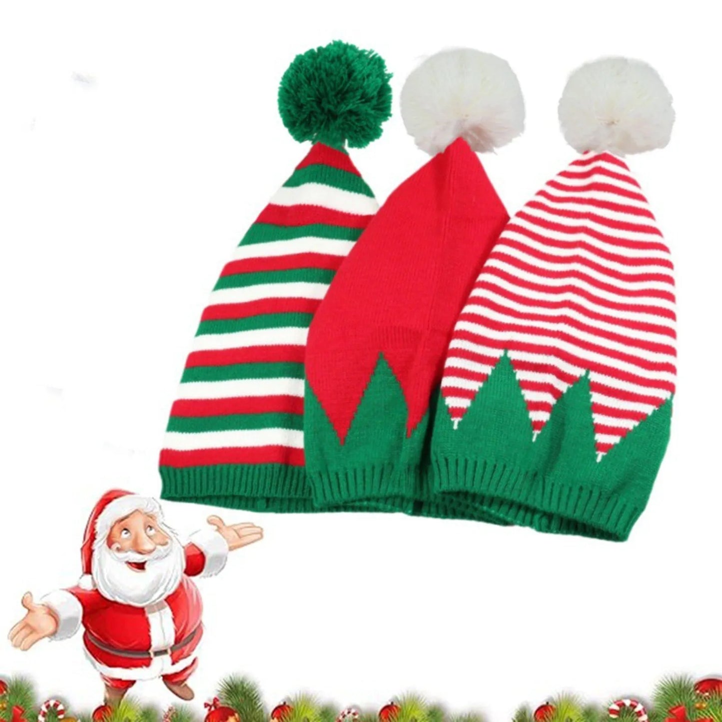 Christmas Elf Santa Beanie - Knitted Red Green Striped Hat - ZOOMNSTORE