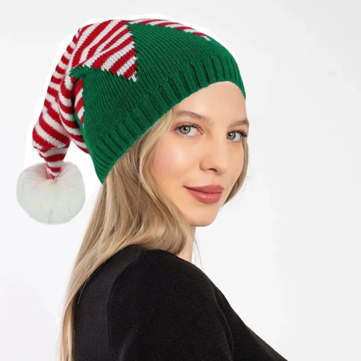 Christmas Elf Santa Beanie - Knitted Red Green Striped Hat - ZOOMNSTORE