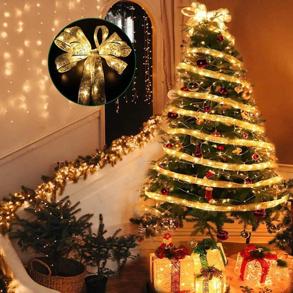 Christmas Ribbon Lights – DIY Christmas Bows & Fairy String Lights for Holiday Tree Ornaments - ZOOMNSTORE