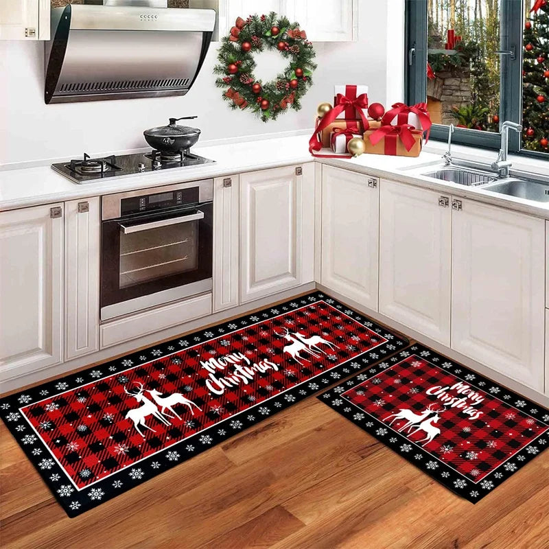 Christmas Tree Floor Mat - Absorbent Non Slip Holiday Kitchen Rug Plaid Decor - ZOOMNSTORE