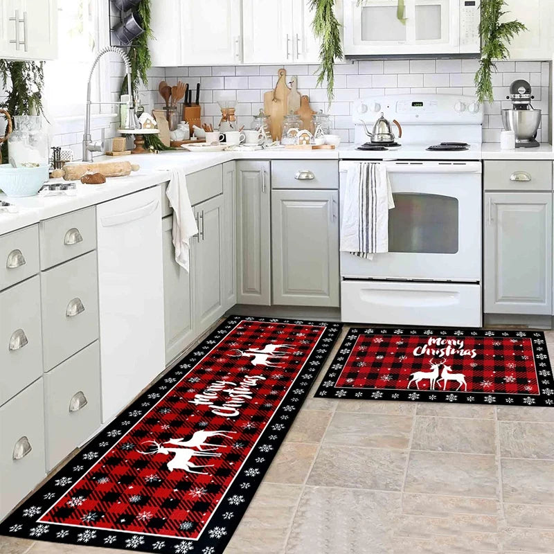 Christmas Tree Floor Mat - Absorbent Non Slip Holiday Kitchen Rug Plaid Decor - ZOOMNSTORE