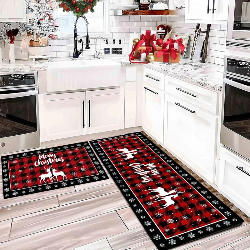 Christmas Tree Floor Mat - Absorbent Non Slip Holiday Kitchen Rug Plaid Decor - ZOOMNSTORE