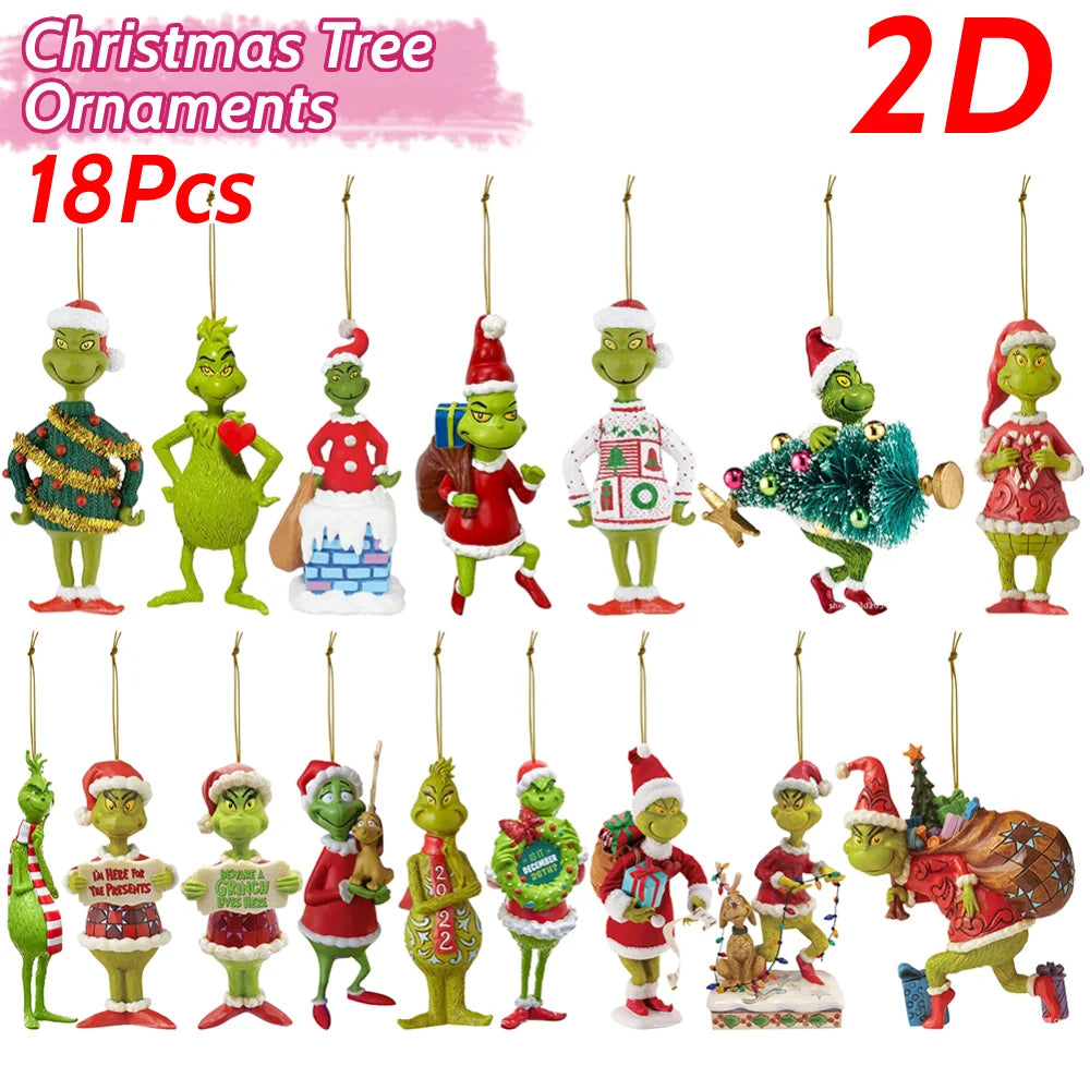 Christmas Tree Ornaments - 18Pcs 2D Acrylic Green Monster Pendants | Cute Xmas Hanging Decor - ZOOMNSTORE