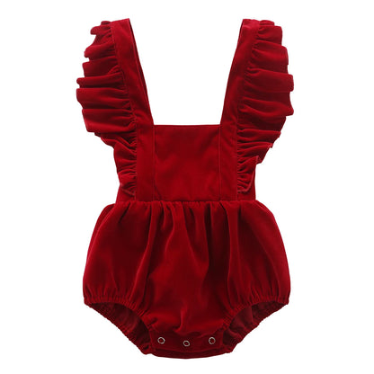 Christmas Velvet Baby Girls Romper Fall Winter Ruffles Lace Sleeveless Jumpsuit for Toddler One-Piece Xmas Infant Clothing 0-24M - ZOOMNSTORE