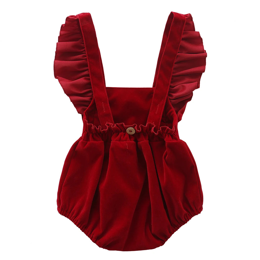 Christmas Velvet Baby Girls Romper Fall Winter Ruffles Lace Sleeveless Jumpsuit for Toddler One-Piece Xmas Infant Clothing 0-24M - ZOOMNSTORE