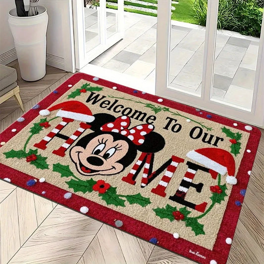 Disney Mickey Minnie Christmas Doormat - Festive Red Holiday Mat with Santa Hats - ZOOMNSTORE