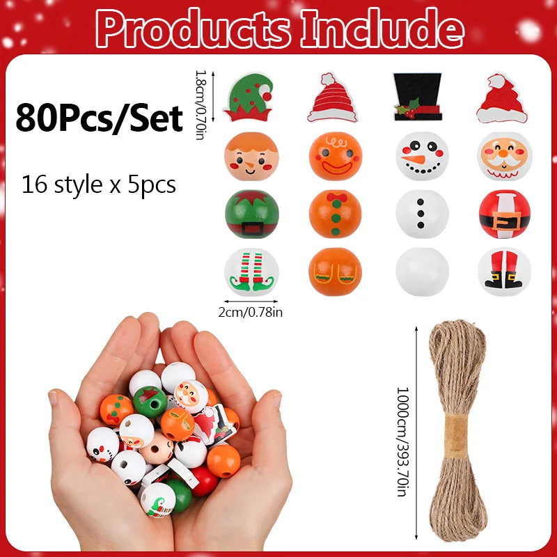 Christmas Wooden Beads - 48/80Pcs Santa Claus & Gingerbread Man DIY Garland Kit - ZOOMNSTORE