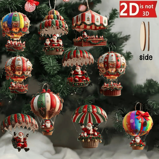 Christmas Wooden Hot Air Balloon Ornaments - 12Pcs Santa Claus Tree Decorations - ZOOMNSTORE