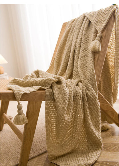 Chunky Knit Blanket - Nordic Knitted Throw with Tassels for Bed or Sofa - ZOOMNSTORE