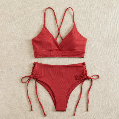 Cikini V-Neck Bikini Set - Sexy Lace-Up Solid Swimwear for Women - ZOOMNSTORE