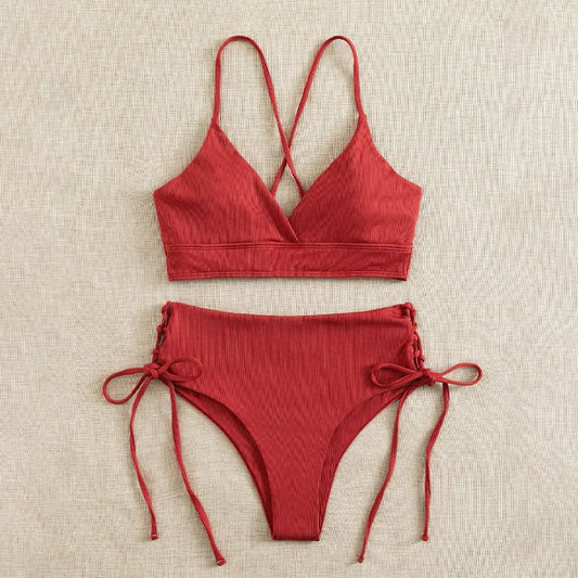 Cikini V-Neck Bikini Set - Sexy Lace-Up Solid Swimwear for Women - ZOOMNSTORE