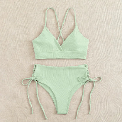 Cikini V-Neck Bikini Set - Sexy Lace-Up Solid Swimwear for Women - ZOOMNSTORE