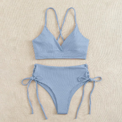 Cikini V-Neck Bikini Set - Sexy Lace-Up Solid Swimwear for Women - ZOOMNSTORE