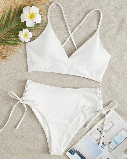 Cikini V-Neck Bikini Set - Sexy Lace-Up Solid Swimwear for Women - ZOOMNSTORE