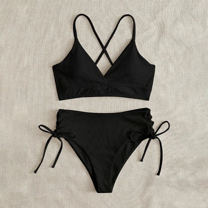 Cikini V-Neck Bikini Set - Sexy Lace-Up Solid Swimwear for Women - ZOOMNSTORE