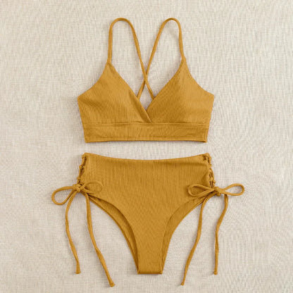 Cikini V-Neck Bikini Set - Sexy Lace-Up Solid Swimwear for Women - ZOOMNSTORE