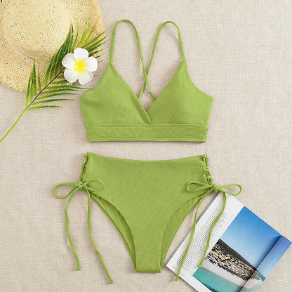 Cikini V-Neck Bikini Set - Sexy Lace-Up Solid Swimwear for Women - ZOOMNSTORE