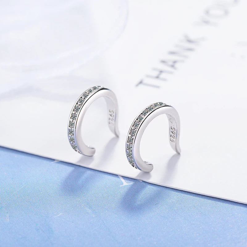 Clip Earrings Silver - 925 Sterling Zircon No Hole Round Shape Ear Cuff - ZOOMNSTORE