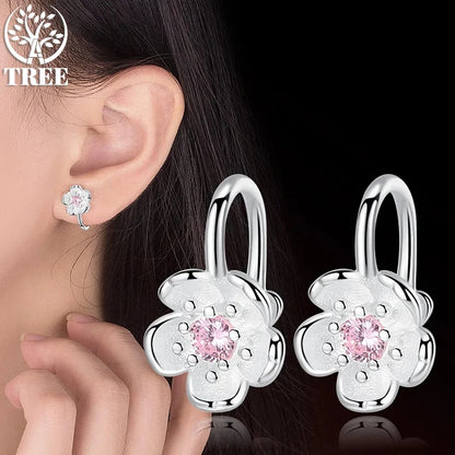 Korea Style Crystal Cherry Blossom Flower Clip on Earrings Without Piercing for Girls Party Sweet 925 Silver No Hole Ear Clip - ZOOMNSTORE
