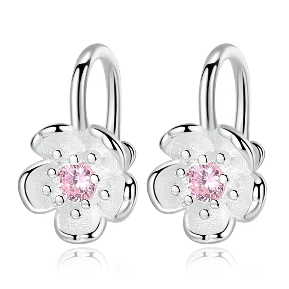 Korea Style Crystal Cherry Blossom Flower Clip on Earrings Without Piercing for Girls Party Sweet 925 Silver No Hole Ear Clip - ZOOMNSTORE