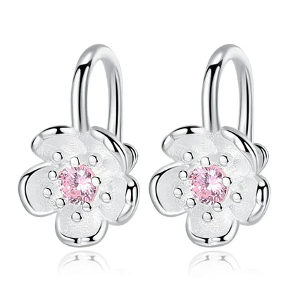 Korea Style Crystal Cherry Blossom Flower Clip on Earrings Without Piercing for Girls Party Sweet 925 Silver No Hole Ear Clip - ZOOMNSTORE