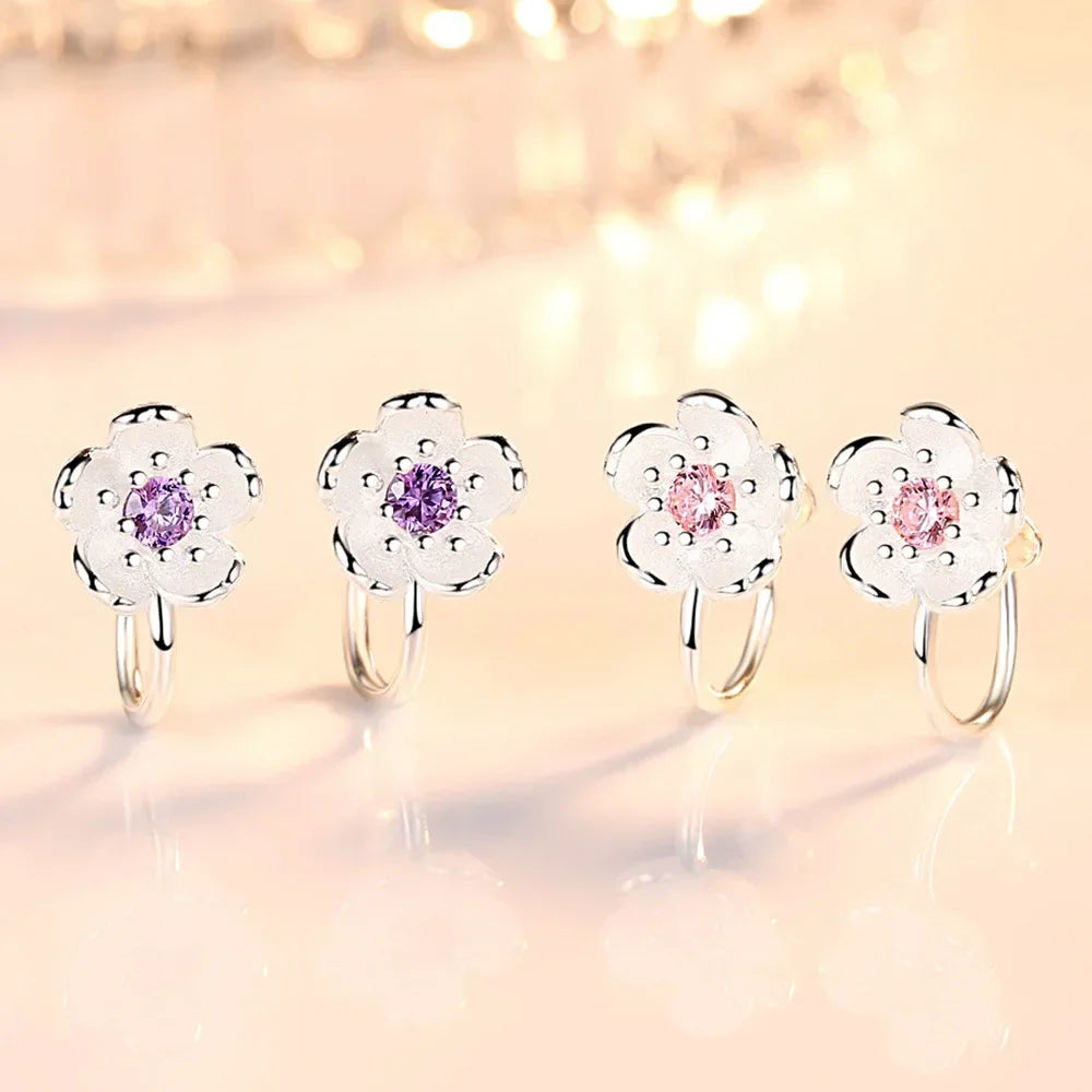 Korea Style Crystal Cherry Blossom Flower Clip on Earrings Without Piercing for Girls Party Sweet 925 Silver No Hole Ear Clip - ZOOMNSTORE