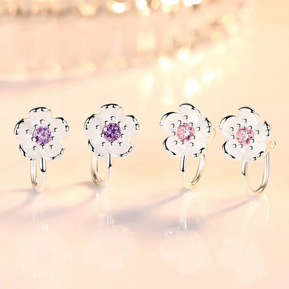Korea Style Crystal Cherry Blossom Flower Clip on Earrings Without Piercing for Girls Party Sweet 925 Silver No Hole Ear Clip - ZOOMNSTORE